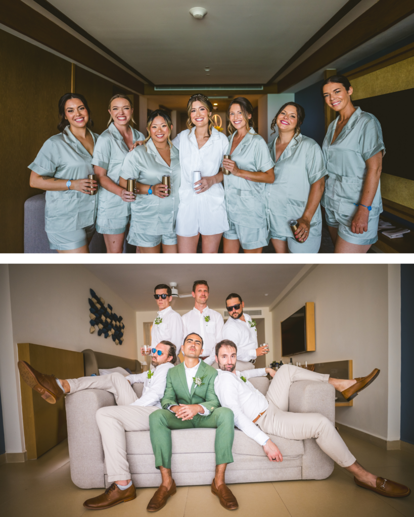 Bridesmaids and groomsmen posing with bride and groom in Cancun.
