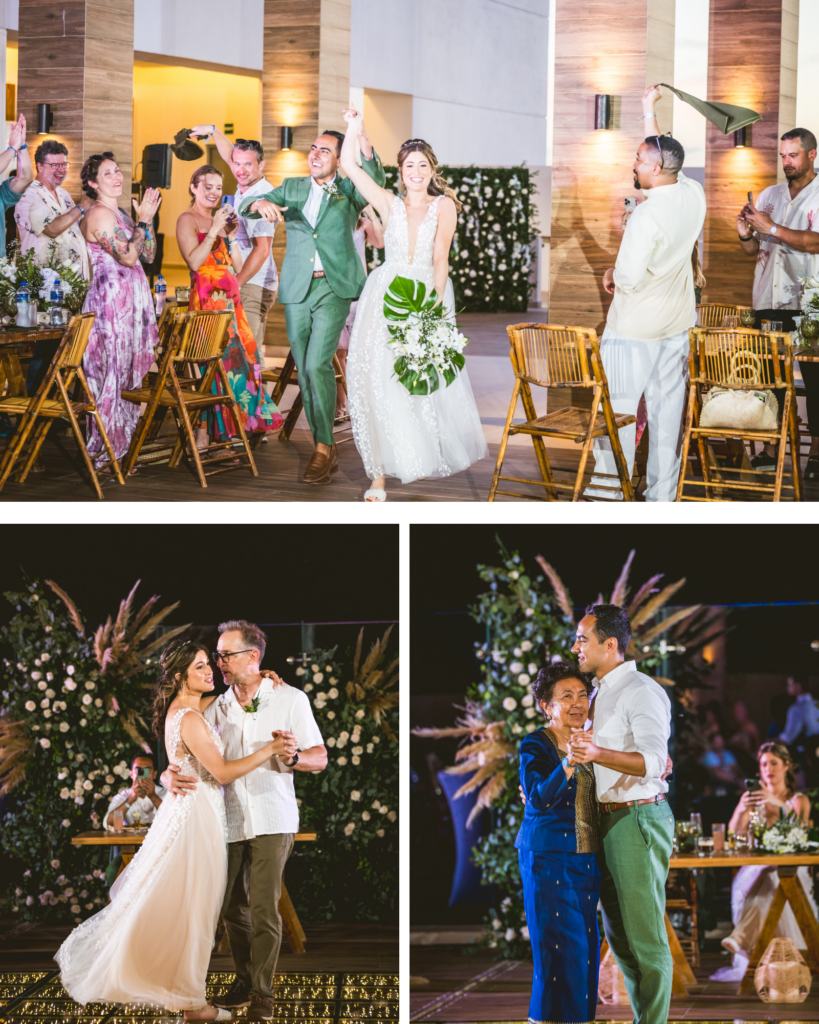 Wedding couple entering their wedding reception holding hands and the first dance with the mother of the groom and father of the bride in Cancun.