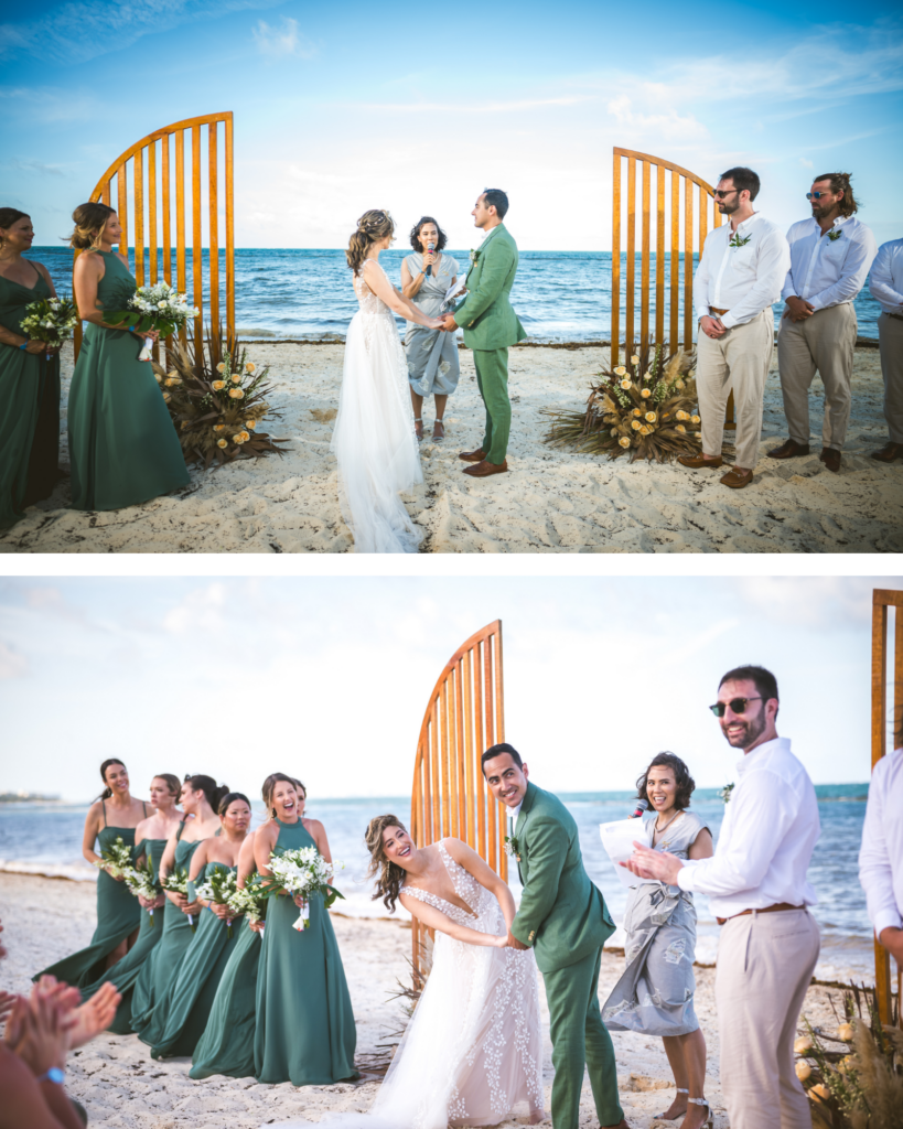 Bride and groom during wedding ceremony on the beach at Royalton Splash Riviera Cancun.